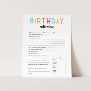 Puede incluir: Una hoja de trabajo de entrevista de cumpleaños imprimible con texto colorido. La hoja de trabajo incluye preguntas sobre cosas favoritas, pasatiempos y preferencias personales. También tiene una sección para enumerar favoritos, como comida, programa de televisión, película, color, y más.