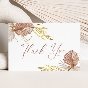 Biglietto di ringraziamento per compleanno Boho terroso, Download immediato stampabile personalizzabile Moderno essiccato floreale rustico oro foglia di palma deserto 4x6 nota Z320