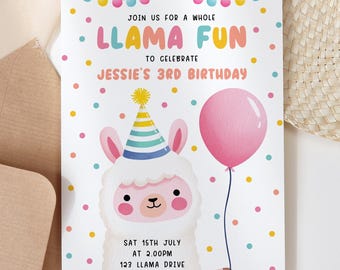Llama Birthday Invitation for Girls, Editable Printable Fiesta Mexican Party, Whole Llama Fun Theme, Instant Download DIY Invite Kids H12