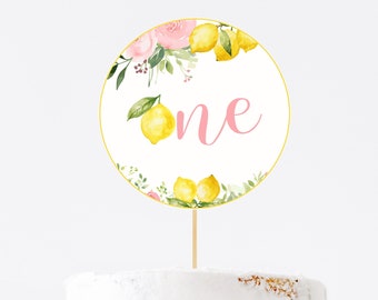 Cake Topper Template, Lemon Floral Editable Printable DIY 1st Birthday ONE Centerpiece Kids Girls Spring Summer Party Instant Download Z340