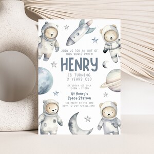Faire-part d'anniversaire astronaute ours en peluche, garçons 1er 2e 3e 4e 5e espace modifiable imprimable téléchargement immédiat DIY numérique inviter z355