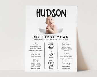 May include: A white and black printable baby milestone card with a photo of a baby boy in a bathtub. The card includes the baby's name, Hudson, and details about his first year, including his weight, height, favorite foods, and songs.