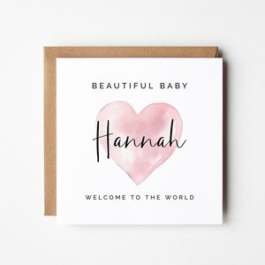 Nouvelle carte bébé fille, bricolage aquarelle coeur rose joyeux anniversaire personnalisé, téléchargement instantané Bienvenue dans le monde, carte petite-fille nièce