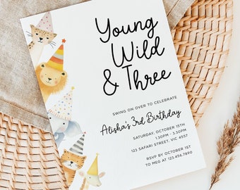 Invitación de cumpleaños de safari, plantilla editable, imprimible, descarga instantánea, bricolaje, para niños, zoológico, jungla, fiesta, animales, jóvenes, salvajes y tres, tercera invitación H1