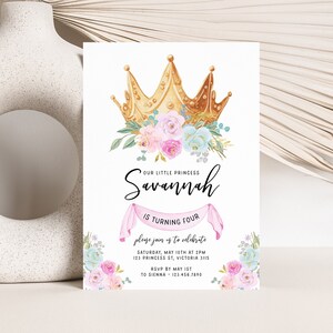 Editable Princess Birthday Invitation, Pink and Gold Princess Party Invitation, Instant Download Floral Magical Whimsical Girls Invite Z313