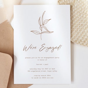Plantilla editable de invitación de compromiso, descarga instantánea e imprimible. Tarjeta minimalista moderna con diseño floral ruborizado, estilo bohemio botánico. WED33