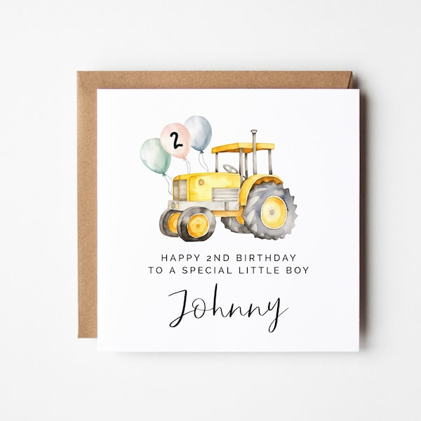 2nd Birthday Card for Boys, Personalised Construction Tractor Vehicle, DIY Printable Instant Download, Builder Square Greeting Card