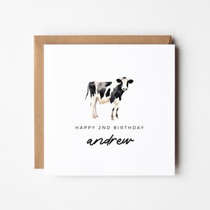 Geburtstags-Kuh-Karte - Bearbeitbares Aquarell auf dem Bauernhof, DIY personalisierter quadratischer Gruß, Sofort-Download für Kinder zum 2