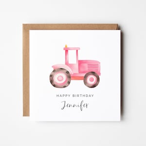 Plantilla de tarjeta de cumpleaños editable, DIY imprimible rosa tractor granjero lindo saludo cuadrado personalizado para niños niñas descarga instantánea