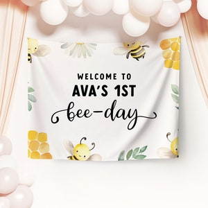 Bee Backdrop Banner, Editable Template Printable Instant Download Party DIY Honeycomb Spring Large Backdrop 1st Bee Day First Birthday Z353