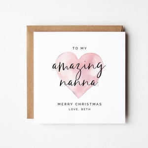 Tarjeta de Feliz Navidad Nanna - Corazón Rosa Editable, Saludo Cuadrado Personalizado DIY, De Nieta, Tarjeta de Navidad de Acuarela Minimalista Nan
