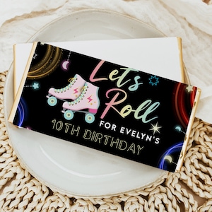 Chocolate Bar Wrapper, Let&#39;s Roll Galaxy Roller Skate Neon Teen Girl Party Editable Printable Instant Download DIY Candy Wrapper Favors Z322