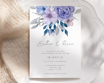 Plantilla de invitación de boda floral invitación de boda imprimible floral púrpura descarga instantánea flores de acuarela editables invitan a DIY WED22