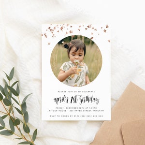 Photo modifiable 1ère Invitation de fête d'anniversaire Télécharger Modèle numérique imprimable Photo Carte Fête Inviter Fille Garçon Bébé Premier Bday Inviter Z4