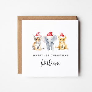 Feliz 1ª tarjeta de Navidad, Editable imprimible Safari Animal DIY personalizado saludo cuadrado para niños niño niña primera descarga instantánea de Navidad
