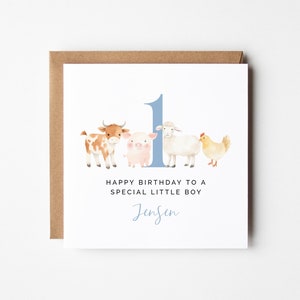Bewerkbare 1e verjaardagskaart, DIY afdrukbare boerderijdieren boerenerf koe varken schapen kip gepersonaliseerde vierkante groet voor kinderen direct downloaden