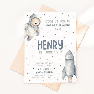 Astronaut Teddy Bär Geburtstagseinladung, Jungen 1. 2. 3. 4. 5. Weltraumrakete Bearbeitbare Druckbare Sofortiger Download DIY Digital einladen z355