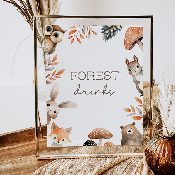 Forest Drinks Party Table Sign, Woodland Animals 8x10 Editable Template Printable Instant Download DIY Birthday Buffet Decor Bear Owl Z343