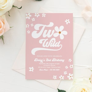 Two Wild 2nd Birthday Invitation, Retro Hippie Boho Floral Pink Daisy Template Editable Printable Instant Download Girls Party Invite z338