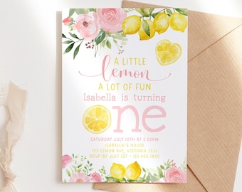 May include: A pink and yellow birthday invitation with a watercolour illustration of lemons and flowers. The text reads "A little lemon, a lot of fun, Isabella is turning one".