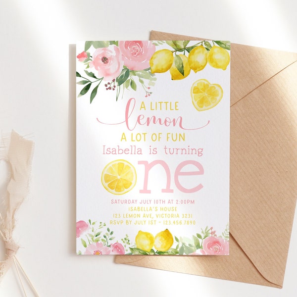 Lemon Floral 1st Birthday Invitation, Summer Sunshine Lemonade Pink Editable Printable Instant Download DIY Kids Girls Party Invite Z340