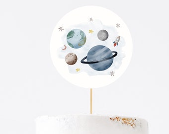 Druckbare Weltraum Cake Topper Weltraum Geburtstagsparty Herzstück Galaxy Tischdekoration Junge Astronaut Aquarell Planeten Digital DIY Party Z292