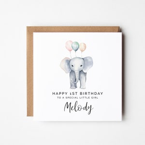 1.Geburtstag Mädchen Karte, Baby Elefant Safari Tier, personalisierte quadratische Karte, DIY druckbare, Sofort Download, Zoo Tier Gruß