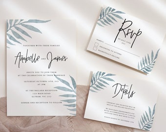 Palm Leaf Wedding Invitation Template Minimal Tropical Beach Wedding Invitation Printable Set Editable Instant Download Wedding Suite WED01