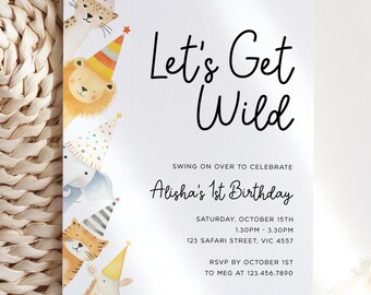 Safari Birthday Invitation, Editable Template Printable Instant Download DIY Kids Zoo Jungle Party Animals Let’s Get Wild 1st Invite H1