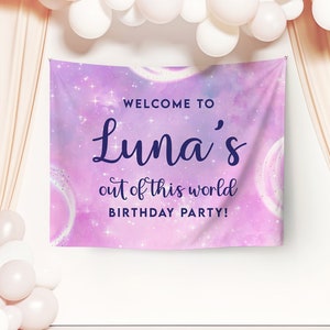 Bannière de toile de fond galaxie, filles galactiques modifiables téléchargement instantané Neon Sparkle anniversaire baby shower décor hors de ce monde imprimable Z331