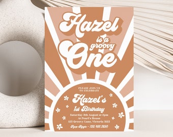 Groovy Sun 1-årsdagsinbjudan för flickor, Hippie Daisy 70-tals Boho redigerbar utskrivbar mall neutral direktnedladdning retro inbjudan z337