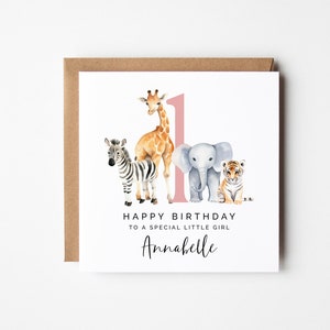 1. Geburtstagskarte für kleines Mädchen, Safari-Tiere DIY personalisierte druckbare Sofort-Download spezielle quadratische Grußkarte für Kindergeburtstag