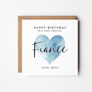Cartão de aniversário do noivo da namorada - coração aquarela azul, editável para impressão, saudação quadrada personalizada DIY para futuro marido
