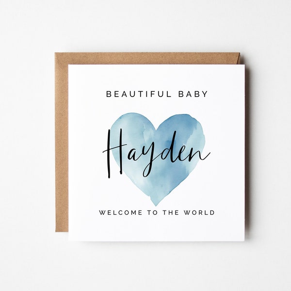 New Baby Boy Congratulations Card, Blue Watercolor Heart, Personalised, DIY Printable, Instant Download, Welcome to the World Square Card