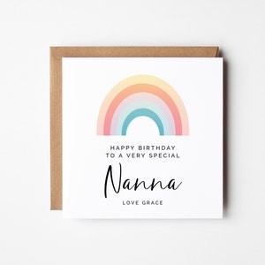 Geburtstagskarte für Nanna, bunter Regenbogen personalisiert vom Enkelkind, DIY Printable Instant Download, bearbeitbare quadratische Grußkarte