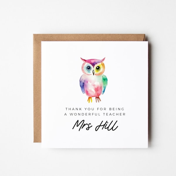 Thank You Teacher Card - Editable Watercolor Rainbow Owl, DIY Personalized Square Greeting, Instant Download, End of Year Gift from Student