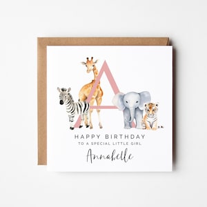 Alles Gute zum Geburtstag Karte, Baby Mädchen Geburtstagskarte, Safari Tiere personalisiert, DIY bedruckbares Quadrat, Zebra Giraffe Elefant Tiger, Instant Download