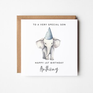 Cartão de aniversário de elefante - animal de zoológico de safari editável, linda saudação quadrada, download instantâneo DIY para meninos Cartão de primeiro aniversário de bebê para impressão
