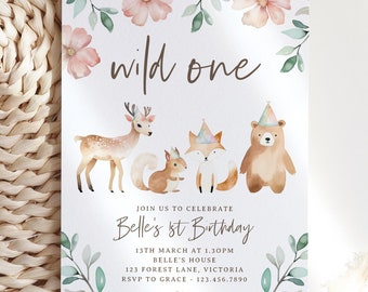 Woodland 1st Birthday Invitation, Wild One Invitation Fox Deer Bear Forest Animals Birthday Invite Template Bear 1st Birthday Girl Invite H5