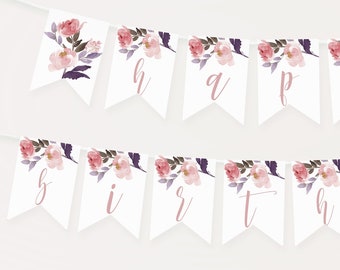 Floral Banner Garland Template INSTANT DOWNLOAD Printable Bday Bunting Editable DIY Party Sign Decor Happy Birthday Party Decoration Z35
