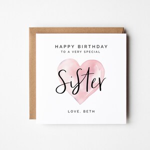 Schwester Geburtstagskarte mit rosa Aquarell Herz, personalisierte DIY druckbare, sofortige Download quadratische Karte für Geschwister moderne Grußkarte