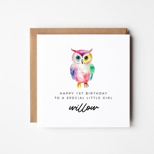 1. Geburtstagskarte für kleines Mädchen, Aquarell Regenbogen Eule personalisierte DIY druckbare Instant Download Karte für Nichte Tochter Enkelin
