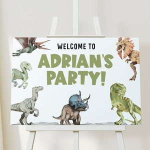 Dinosaur Birthday Welcome Sign Editable Template, Printable Instant Download Prehistoric T-Rex Triceratops Party Decoration Jurassic Z304