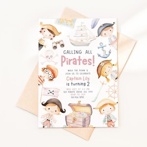 Faire-part d'anniversaire pirate pour filles, bateau pirate modifiable au trésor appelant tous les pirates Téléchargement instantané imprimable DIY numérique inviter Z352