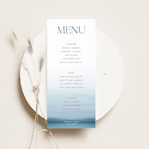 Wedding Menu Template - Modern Minimalist Blue Watercolor Editable Printable Instant Download for Bridal Shower or Party WED61
