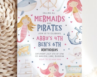 Mermaid and Pirate Birthday Invitation Template, Editable Printable Joint Party Siblings Brother Sister Kids Under Sea Instant Download H11
