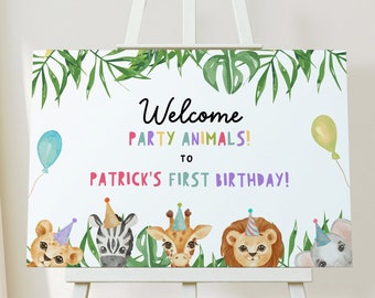 Editable Party Animals Welcome Sign Template, Zoo Safari Welcome Poster Printable, Jungle Wild One Safari Animals Party Decor Sign Z293