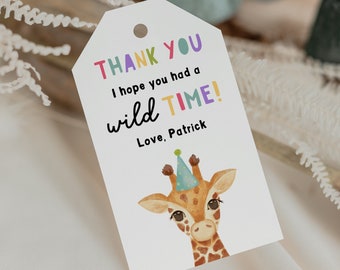 Editable Party Animals Favor Tags, Safari Zoo Wild One Giraffe Thank You Tags, Gift Tag Digital Template Printable Templett Jungle DIY Z293