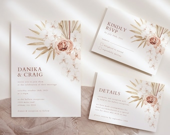 Invitación de boda Boho Set Invitación de boda de terracota moderna Flor seca Pampas Plantilla de invitación de boda imprimible Editable DIY WED21