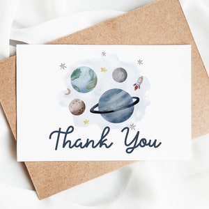 Bearbeitbare Weltraum Geburtstag Dankeskarte Astronaut Planeten zum Mond Galaxy Dankeschön druckbare Vorlage digitaler Download Z292